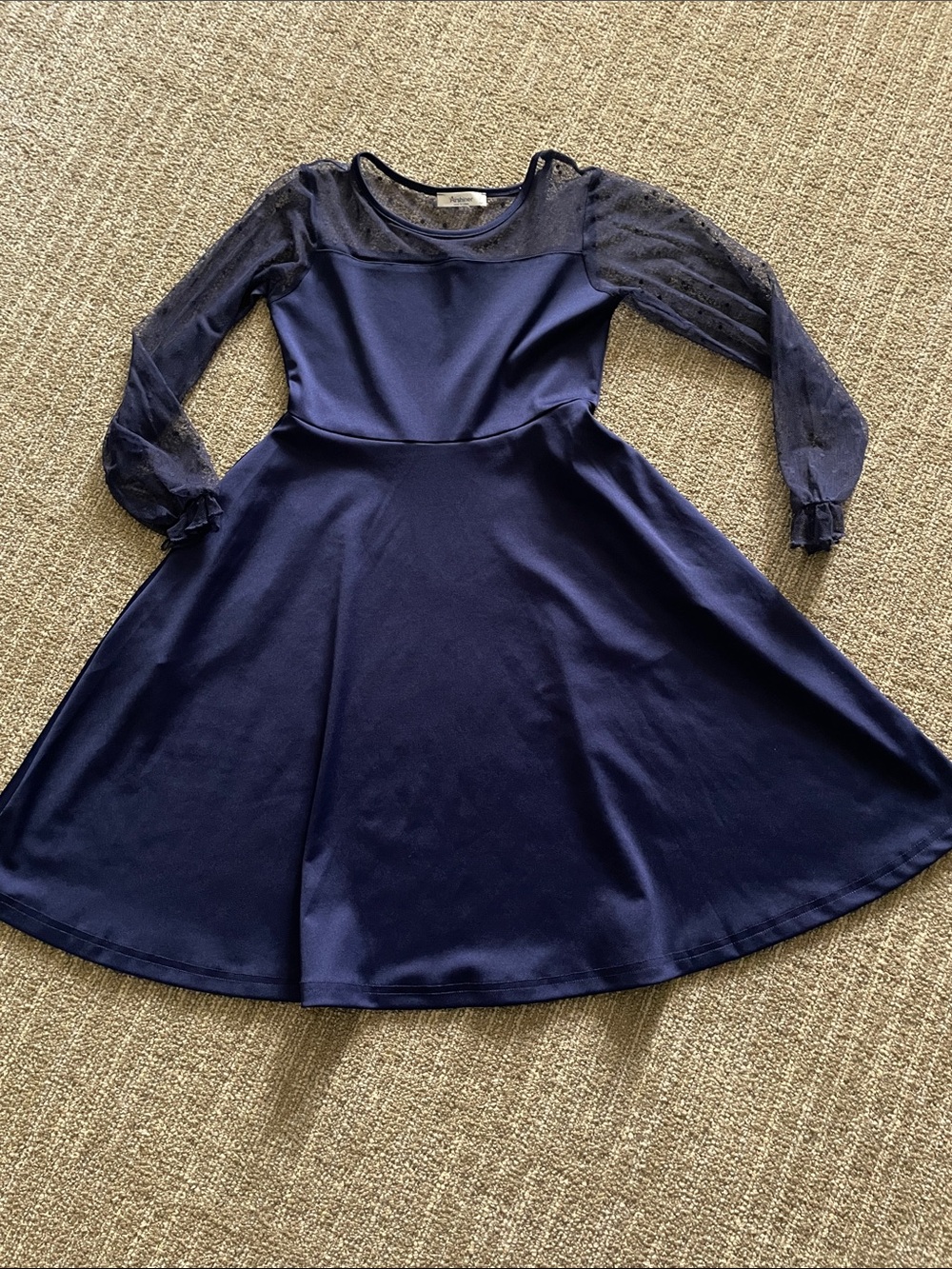 Girls Navy Mesh-Sleeve Fit-and-Flare Dress